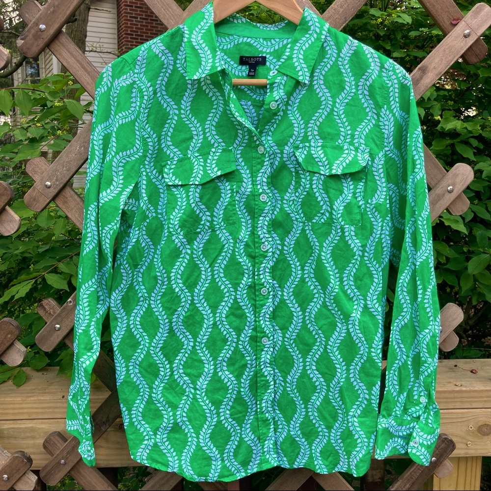 Talbots button-down green and white long sleeve blouse, size SP